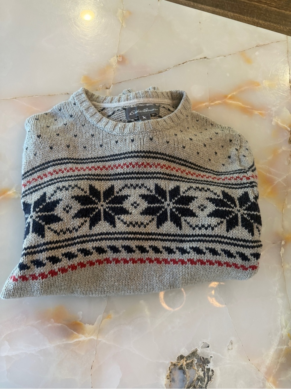 Eddie Bauer Light Gray Crewneck Sweater with Navy and Red Fair Isle